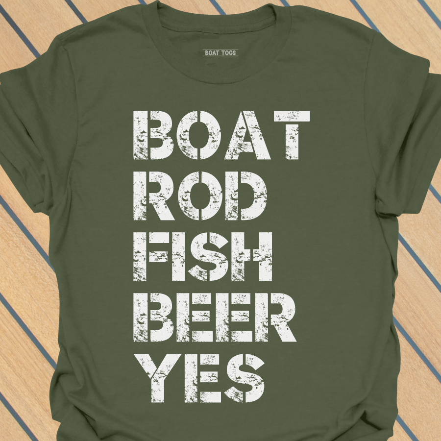 Boat rod fish beer yes T-shirt